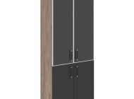 Шкаф высокий широкий (2 низких фасада ЛДСП + 2 средних фасада стекло лакобель черный в раме)