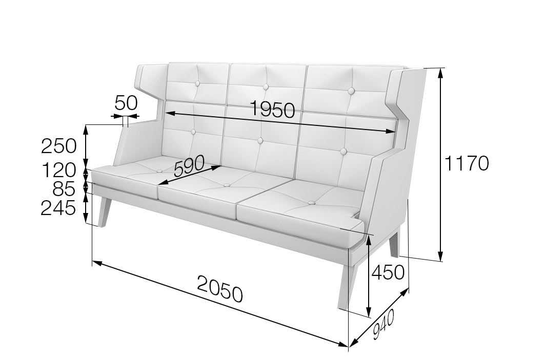 Диван 3-местный высокий Беверли Bev3H